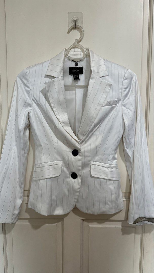 Mango Suit White Pinstripe Blazer (Category: Coats, Jackets and Outerwear) located in Mandaluyong City. Submitted by yv.stuff (Listing ID 1462768762, Image 1). Description: - MNG SUIT white blazer - Subtle pinstripe detail - Two-button front closure - Two flap pockets - Sharp and professional look - Ideal for work or dressing up outfits - Size: EUR 36 / USA 4.