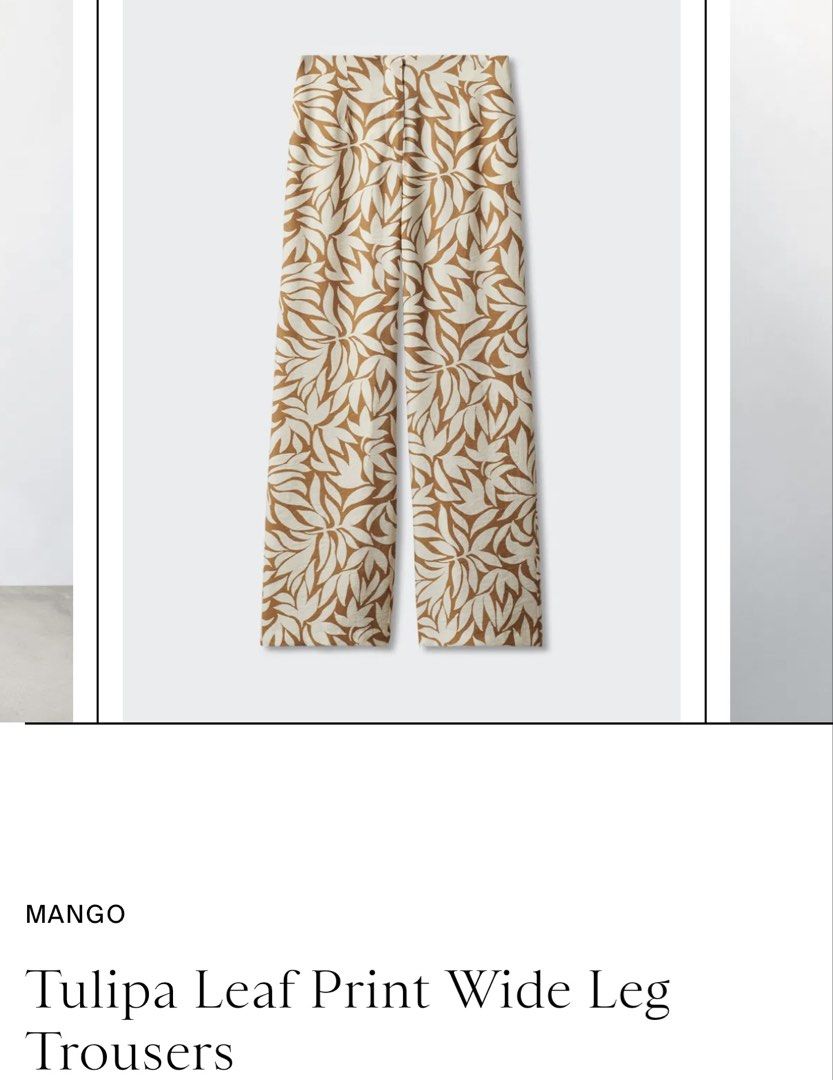 Mango Tulipa Leaf Print Wide Leg Trousers (Category: Other Bottoms) located in Cagayan de Oro. Submitted by jeirn (Listing ID 1462764200, Image 1). Description: Retails 3.3k - Wide leg trousers - Beige and brown leaf print - High-waisted design - Size L - Perfect for casual or dressed-up outfits.