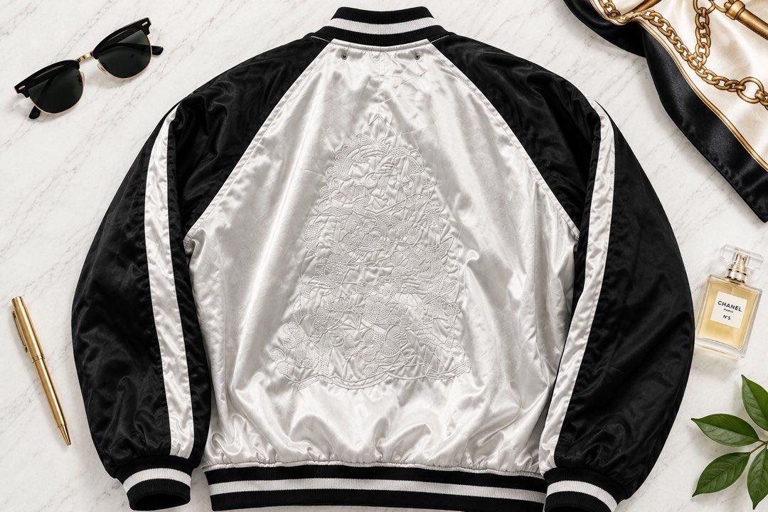 Marc Jacobs Satin Sukajan Jacket. (Category: Luxury Apparel) located in Cebu City. Submitted by relovedfinds.ph (Listing ID 1462780549, Image 2). Description: A statement piece that exudes effortless luxury, this brand new Marc Jacobs Sukajan Bomber Jacket features a lustrous satin finish, striking black-and-white colorway, ribbed striped trims, and sleek raglan sleeves with contrasting stripes. The back is beautifully detailed with an intricate 
