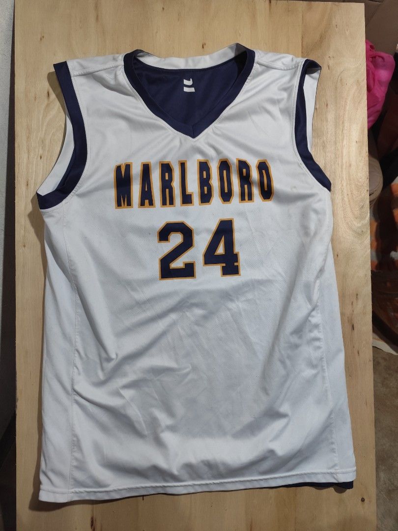 Marlboro 24 Basketball Jersey (Category: Activewear) located in Cebu City. Submitted by icoolectnsellect (Listing ID 1462735719, Image 1). Description: - Marlboro Basketball Jersey - Player Number: 24 - Reversible Design: White on one side, Navy Blue on the other - Material: 100% Polyester - Size: Large (L) - Ideal for basketball games or casual wear.