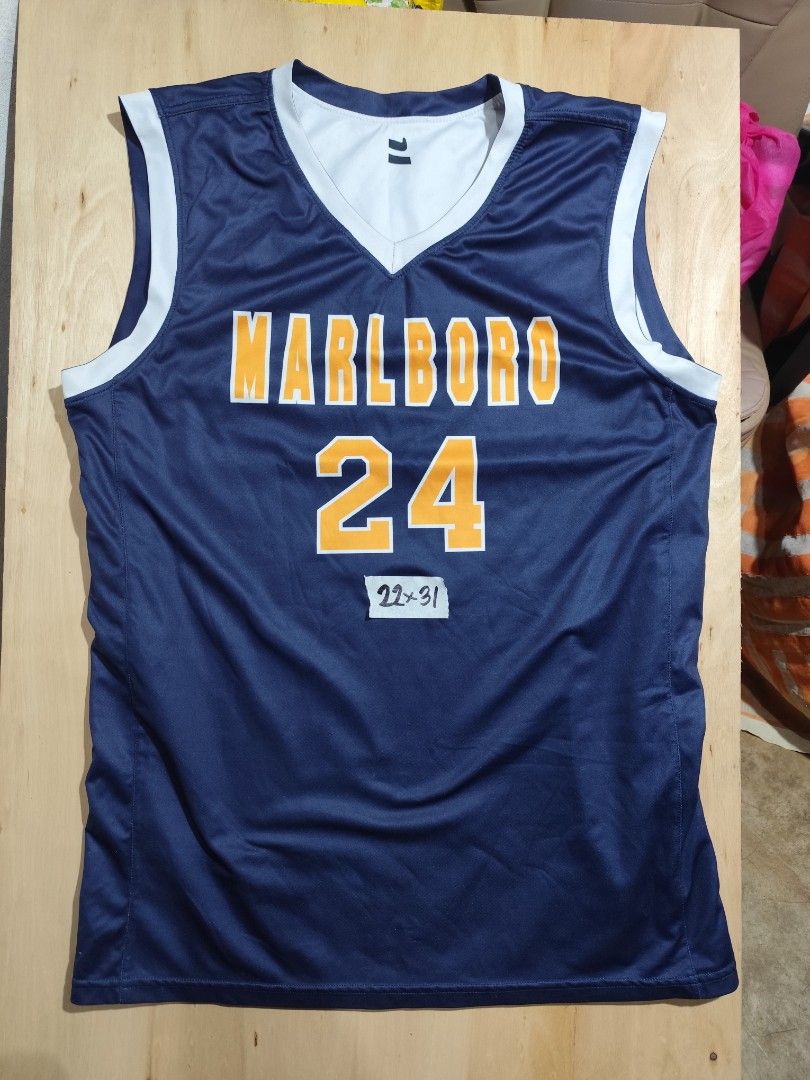 Marlboro 24 Basketball Jersey (Category: Activewear) located in Cebu City. Submitted by icoolectnsellect (Listing ID 1462735719, Image 2). Description: - Marlboro Basketball Jersey - Player Number: 24 - Reversible Design: White on one side, Navy Blue on the other - Material: 100% Polyester - Size: Large (L) - Ideal for basketball games or casual wear.