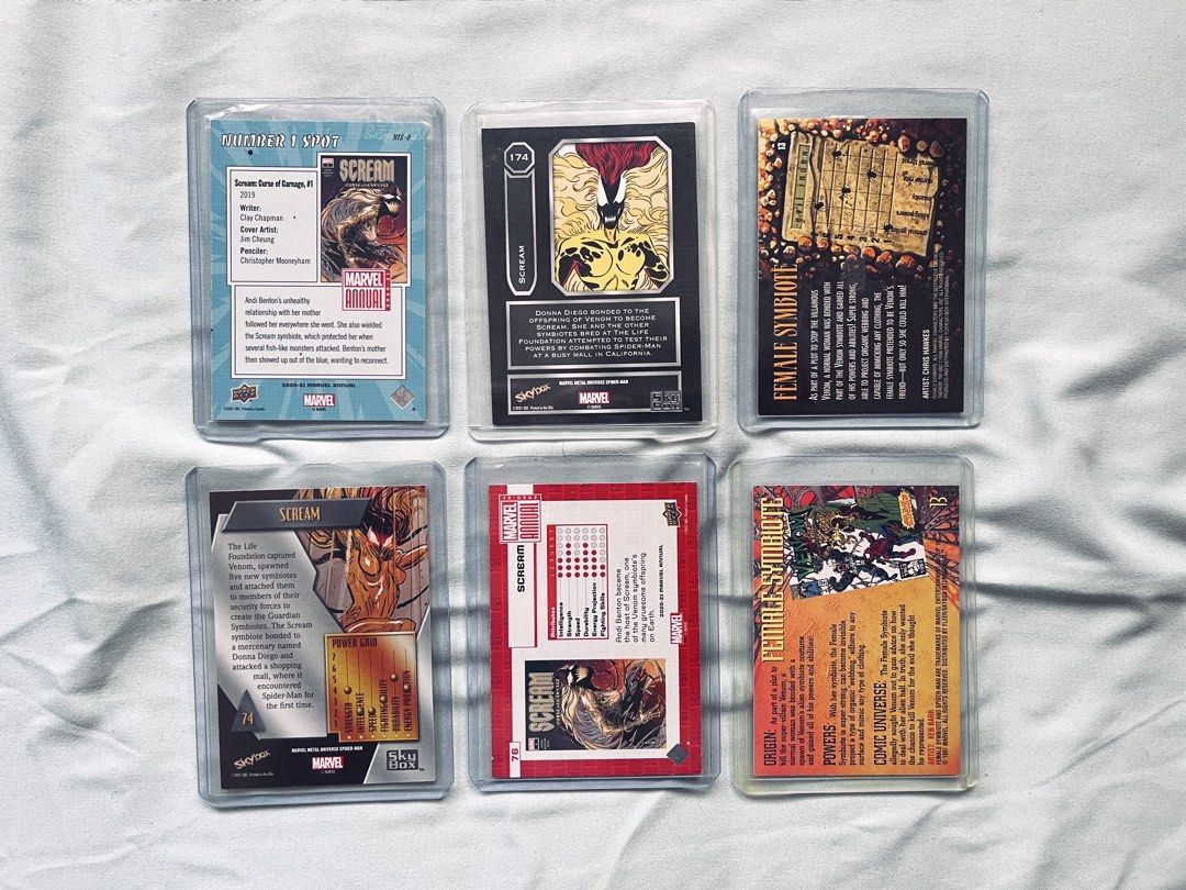 Marvel - Scream Trading Card Set (Category: Raw Singles) located in Cavite. Submitted by _aele3 (Listing ID 1462691268, Image 2). Description: - Lot of Marvel Scream Trading Cards - Includes: Scream Annual #1 - Includes: Metal Card - Includes: Female Symbiote Card - Includes: Scream Variant Card - Includes: Additional Metal Card - Ideal for Scream and Venom collectors - Please check photos for card condition.