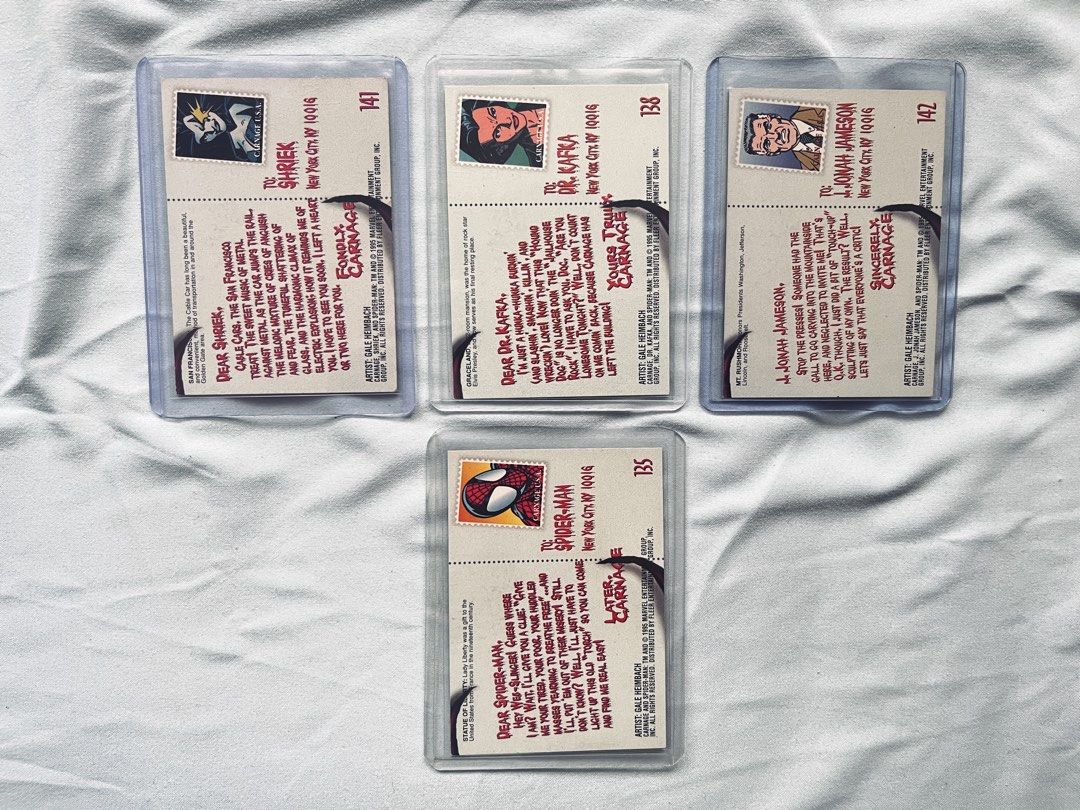 Marvel Carnage Trading Card Set (Category: Raw Singles) located in Cavite. Submitted by _aele3 (Listing ID 1462691512, Image 2). Description: - Set of 4 Marvel Carnage trading cards - Features Shrek, Dr. Kafka, J. Jonah Jameson, and Spider-Man - Each card has unique artwork and a character profile on the back - Perfect for collectors - All cards are in protective sleeves.
