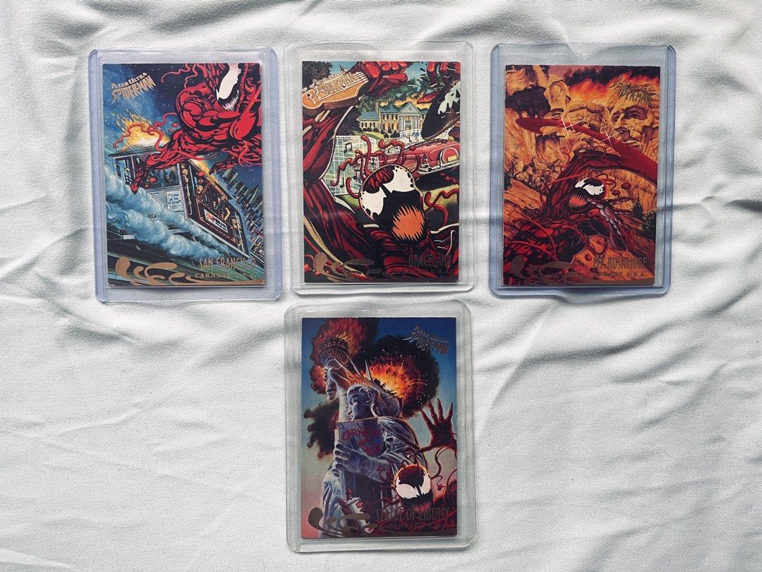 Marvel Carnage Trading Card Set (Category: Raw Singles) located in Cavite. Submitted by _aele3 (Listing ID 1462691512, Image 1). Description: - Set of 4 Marvel Carnage trading cards - Features Shrek, Dr. Kafka, J. Jonah Jameson, and Spider-Man - Each card has unique artwork and a character profile on the back - Perfect for collectors - All cards are in protective sleeves.