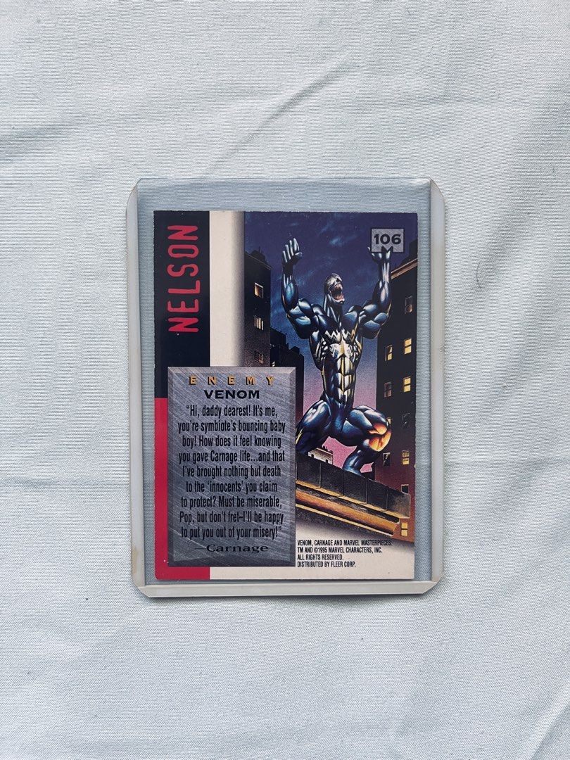 Marvel Venom Carnage Trading Card (Category: Raw Singles) located in Cavite. Submitted by _aele3 (Listing ID 1462708445, Image 2). Description: - 1994 Fleer trading card - Features Venom and Carnage - Card number 106 - Dynamic artwork of Venom on the front - Character info and quote on the back - Must-have for Marvel collectors!.