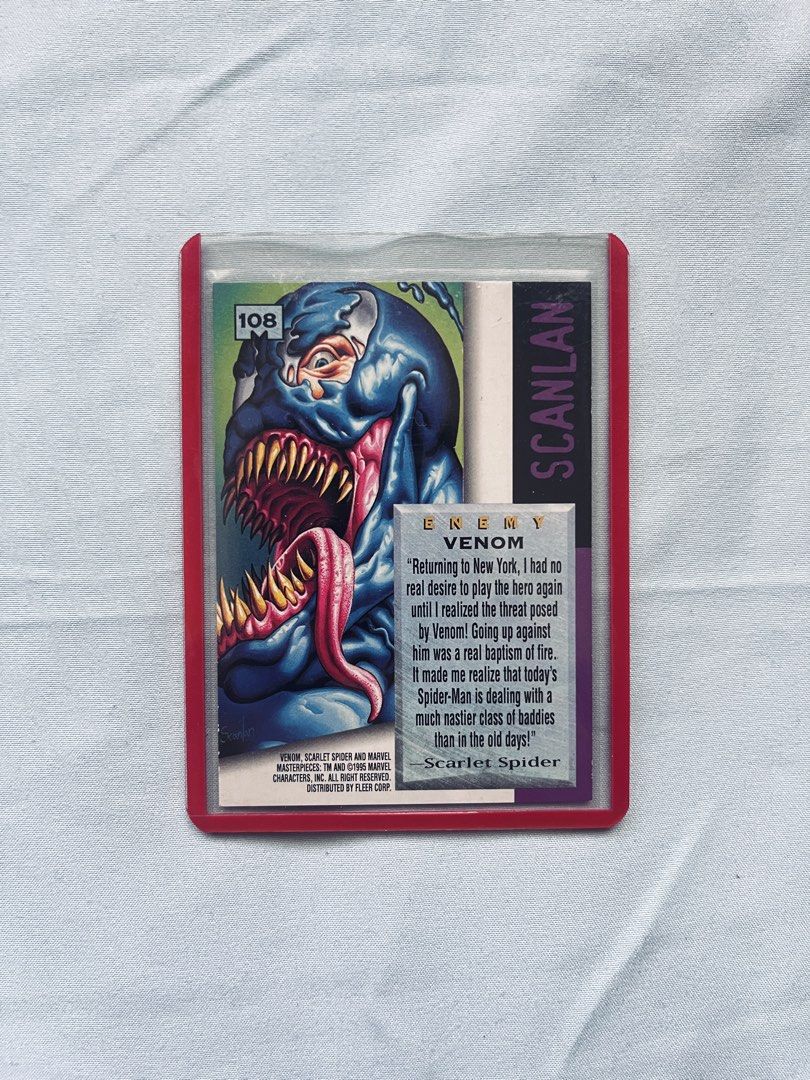 Marvel Venom Trading Card (Category: Raw Singles) located in Cavite. Submitted by _aele3 (Listing ID 1462708278, Image 2). Description: - Marvel Trading Card #108 - Features iconic Venom artwork - Scarlet Spider on the back - Ideal for any Marvel collector - Unique addition to your collection.