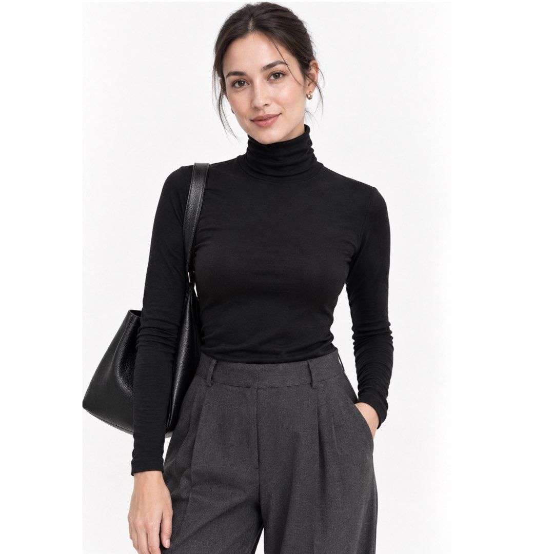 Medium HEATTECH UNIQLO Black Turtleneck Long Sleeve Top (Category: Longsleeves) located in San Jose del Monte. Submitted by vanessabarredo (Listing ID 1462683749, Image 1). Description: Condition: Like New Classic black UNIQLO HEATTECH turtleneck in a lightweight, smooth and stretchable fabric. A versatile cold-weather layering essential that also looks sleek worn on its own. Measurements: Width: 18” — stretchable Length: 23.5” Best fits: Medium.