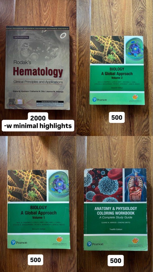 Medtech books from 1st-4th yr (Category: Textbooks) located in Bacoor. Submitted by kalegabotero (Listing ID 1462754648, Image 1). Description: ‼️MLS BOOKS FOR SALE (NEGOTIABLE PRICE)‼️ RFS: RMT NA 🤩 Hii!! I’m selling my books since senior high (STEM STRAND) all in good condition.You can comment below if interested.Prices are negotiable and with freebies 🥳 - Rodaks Hematology - 2000 - Biology Vol 1 (11th Ed) - 500 - Biology Vol 2 (11th Ed) - 50