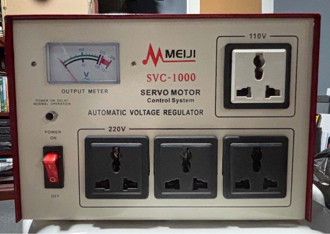 Meiji SVC-1000 Automatic Voltage Regulator Servo Motor Control System (Category: Electrical, Adaptors & Sockets) located in Pasay City. Submitted by jazjpnexchange (Listing ID 1462705501, Image 1). Description: - Meiji SVC-1000 Automatic Voltage Regulator - Servo motor control system for stable voltage - Outlets: 1 x 110V, 3 x 220V - Input Voltage Range: Switchable between 50V-130V and 140V-250V - Frequency Compatibility: 50-60Hz - Features: Outp