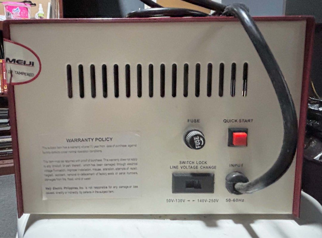 Meiji SVC-1000 Automatic Voltage Regulator Servo Motor Control System (Category: Electrical, Adaptors & Sockets) located in Pasay City. Submitted by jazjpnexchange (Listing ID 1462705501, Image 2). Description: - Meiji SVC-1000 Automatic Voltage Regulator - Servo motor control system for stable voltage - Outlets: 1 x 110V, 3 x 220V - Input Voltage Range: Switchable between 50V-130V and 140V-250V - Frequency Compatibility: 50-60Hz - Features: Outp