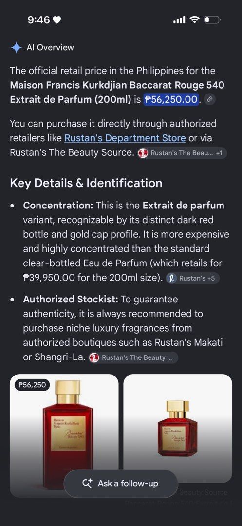 MFK Baccarat Rouge 540 Extrait de Parfum (Category: Fragrance & Deodorants) located in Bulacan. Submitted by shopwithme_23 (Listing ID 1462690298, Image 2). Description: •from Canada🇨🇦 •Extrait de Parfum •200ml ₱30,000 onlyyy!!! Retails for 40-56k+++.
