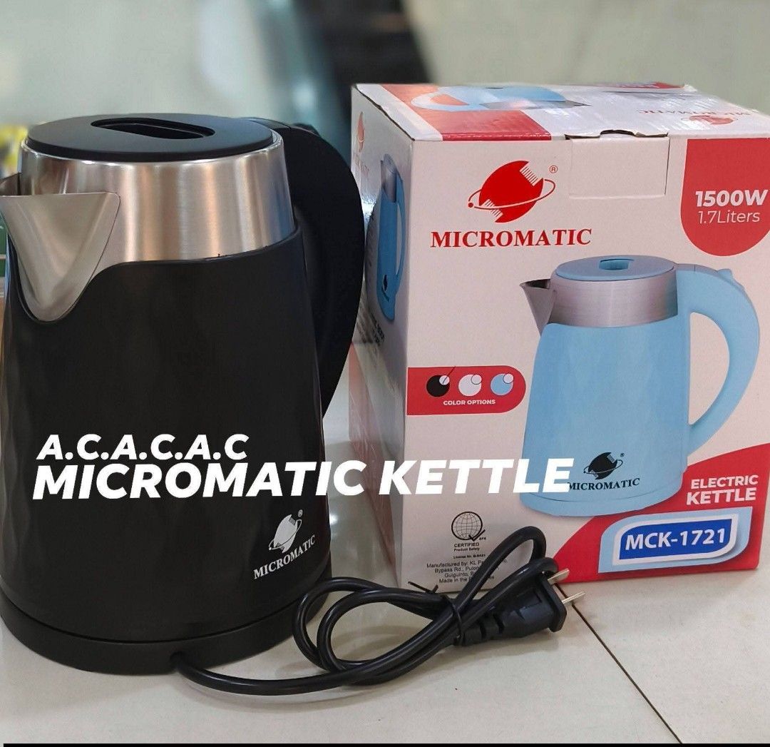 Micromatic electric kettle 1.7L (Category: Kettles & Airpots) located in Manila. Submitted by yzcartph (Listing ID 1462852637, Image 1). Description: MICROMATIC KETTLE 1.7L.