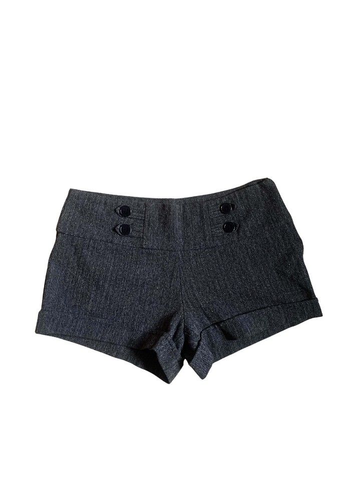 Mid-low waist dark grey short (Category: Shorts) located in Tiaong. Submitted by cdoswan (Listing ID 1461561717, Image 1). Description: - Dark grey shorts - Mid waist design - Double button detail at the front - Cuffed hem - Subtle pinstripe texture - Perfect for dressing up or down - Waist: 30 inches.