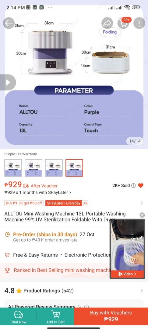 Mini Washing Machine Portable (Category: Washing Machines and Dryers) located in Manila. Submitted by jexajeaeno91830 (Listing ID 1462738299, Image 1). Description: - Brand: ALLTOU - Type: Mini Washing Machine - Capacity: 13L - Color: Purple - Features: Foldable, 99% UV Sterilization, Touch Control - Design: Compact and portable, ideal for small spaces - Control: Easy-to-use touch interface Complete Inclusions.