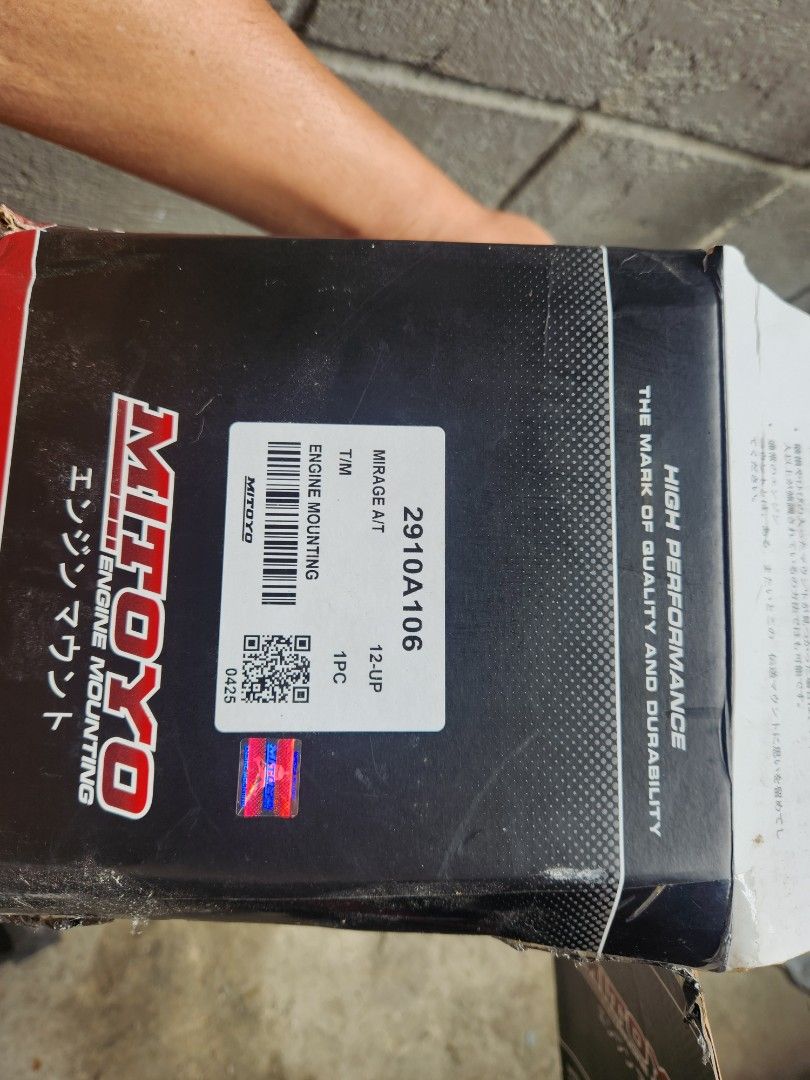 Mitoyo Engine Mounting for Mirage A/T 2910A106 (Category: Engine and Aircon Parts and Accessories) located in Manila. Submitted by aionsev.16 (Listing ID 1462685767, Image 2). Description: - Mitoyo Engine Mounting for Mitsubishi Mirage (A/T) - Part Number: 2910A106 - High Performance & Durability - Genuine Automotive Part - World-Class Technology (Motorsport Inspired) - Please check photos for exact item details. usef for 2 months lang reason for