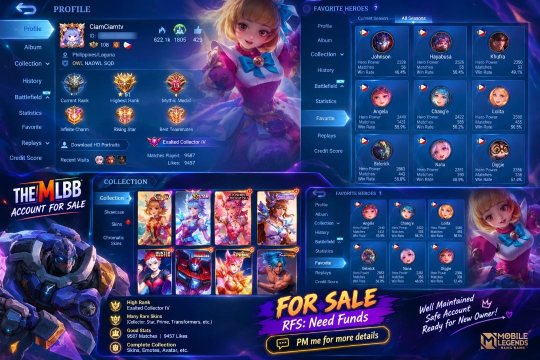 ML ACCOUNT MID MAIN (Category: Game Gift Cards & Accounts) located in Santa Rosa. Submitted by cicilovess95456 (Listing ID 1462752063, Image 1). Description: ML ACCOUNT FOR SALE less hassle sa mga gusto ng limited skills. Preferably MEET UP ONLY UNTIL ALABANG-MAKATI AREA ONLY para iwas scam/ issues. Willing naman thru online trasaction but will do via call while tinatrasact and necessary payment as needed. DIRECT-SELLER TRANSACTION ONLY .