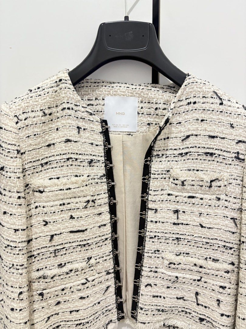 MNG Tweed Jacket (Category: Coats, Jackets and Outerwear) located in Manila. Submitted by declutter.bbb (Listing ID 1462828877, Image 2). Description: Once used only. Sobramg ganda quality 100% Authentic and purchased in MNG BGC. bought for 6K.