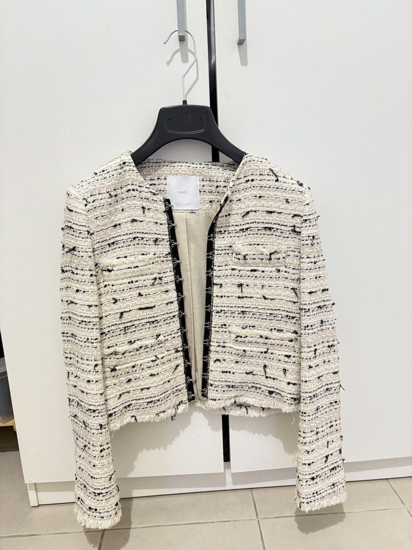 MNG Tweed Jacket (Category: Coats, Jackets and Outerwear) located in Manila. Submitted by declutter.bbb (Listing ID 1462828877, Image 1). Description: Once used only. Sobramg ganda quality 100% Authentic and purchased in MNG BGC. bought for 6K.