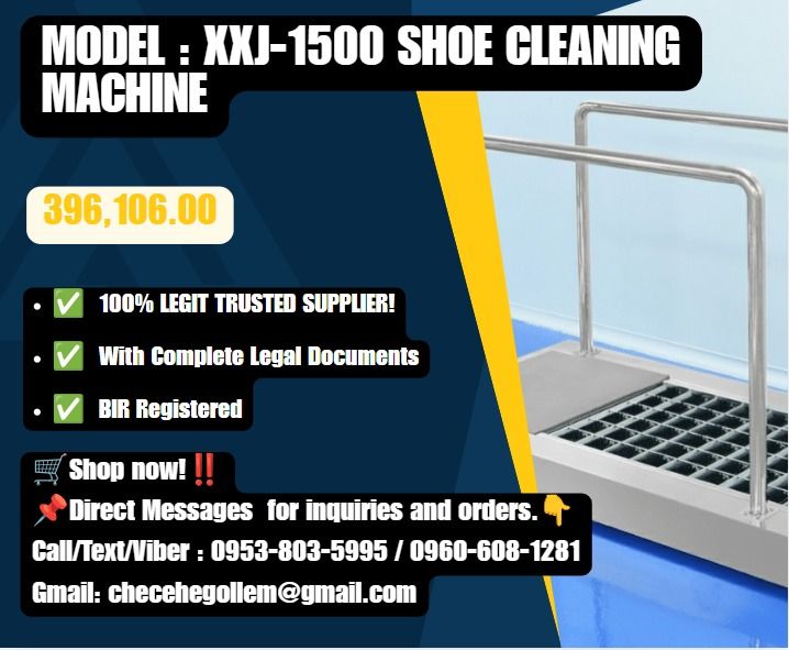 Model : XXJ-1500 Shoe cleaning machine (Category: Cleaning Tools & Supplies) located in Caloocan City. Submitted by goldenriver-a9d0 (Listing ID 1462781908, Image 1). Description: ●Model : XXJ-1500 ●Machine size : 1500*750*120mm ●Brush part size : 650*515mm ●Water remove part : 520*515mm ●Motor : 160w 110-220V ●Water pump : 45w 12v ●Induction switch : 24v ●Brush speed : 110 r/min .