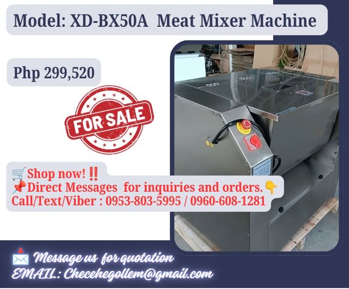 Model: XD-BX50A Meat Mixer Machine (Category: Construction Tools & Equipment) located in Caloocan City. Submitted by truehawk_e87a47 (Listing ID 1462780737, Image 1). Description: ●Stuffing mixer ●Model: XD-BX50A ●Rated voltage: 220v 50hz single-phase ●Motor power: 0.75kw ●Machine capacity: 50L ●Machine dimensions: 720*510*1050mm ●Package dimensions: 800*580*1100mm ●Machine weight: 135kg ●Gross weight: 166kg .