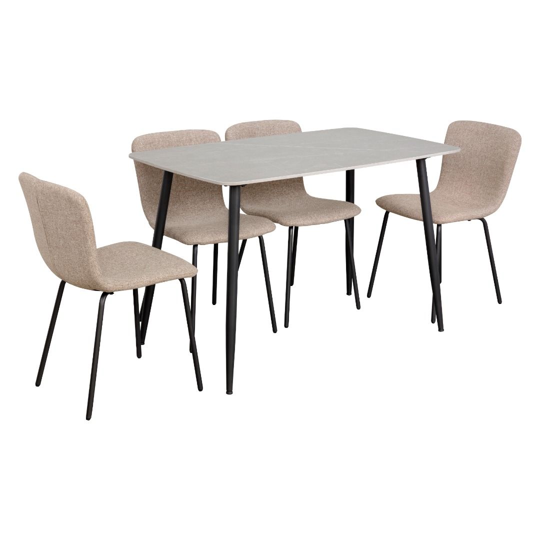 Modern Dining Table with 4 Chairs (Category: Tables & Sets) located in Caloocan City. Submitted by allhomeagroputatan_f87429 (Listing ID 1462725449, Image 1). Description: - Modern rectangular dining table with a light grey tabletop. - Sturdy black metal legs for the table. - Includes four comfortable upholstered dining chairs. - Chairs feature a textured beige fabric. - Chair legs are black metal, matching the table design. - Ideal for small to 