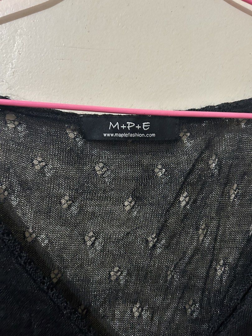 M+P+E Black Sheer Button-Up Cardigan (Category: Coats, Jackets and Outerwear) located in Naga. Submitted by aroaldaw (Listing ID 1462803306, Image 2). Description: - Sheer M+P+E cardigan - Subtle pattern - Button-up front - Three-quarter sleeves - Ideal for layering over tops or dresses - Adds a light, stylish layer.