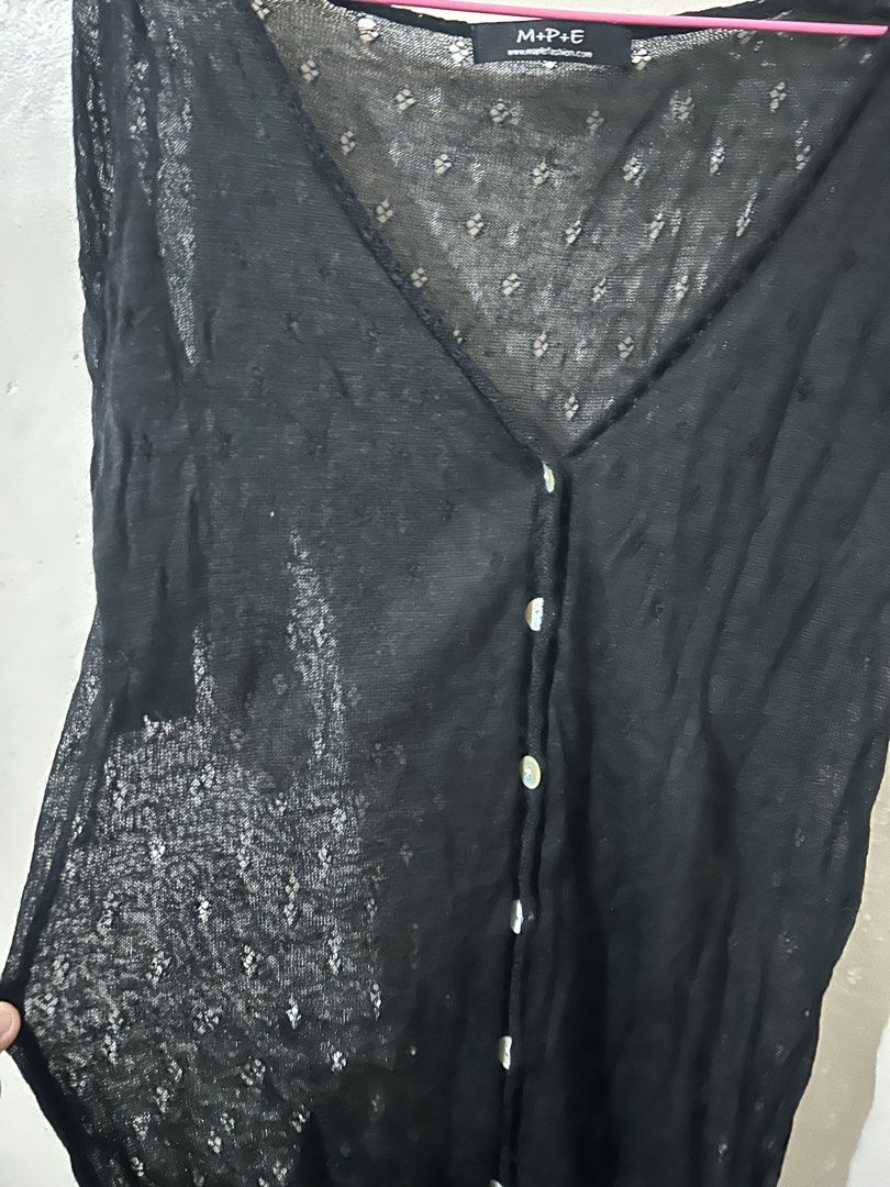 M+P+E Black Sheer Button-Up Cardigan (Category: Coats, Jackets and Outerwear) located in Naga. Submitted by aroaldaw (Listing ID 1462803306, Image 3). Description: - Sheer M+P+E cardigan - Subtle pattern - Button-up front - Three-quarter sleeves - Ideal for layering over tops or dresses - Adds a light, stylish layer.