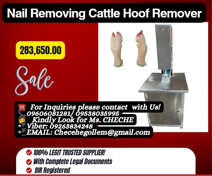 Nail Removing Cattle Hoof Remover (Category: Home Improvement Tools & Accessories) located in Caloocan City. Submitted by 09059603908 (Listing ID 1462782495, Image 1). Description: ●PHP 283,650 / 380V ●220V Customized Price ●Voltage : 380V ●Power : 1.5kw ●Machine size : 750*550*1600mm ●Weight : 200kg ●Material : 304 stainless steel .
