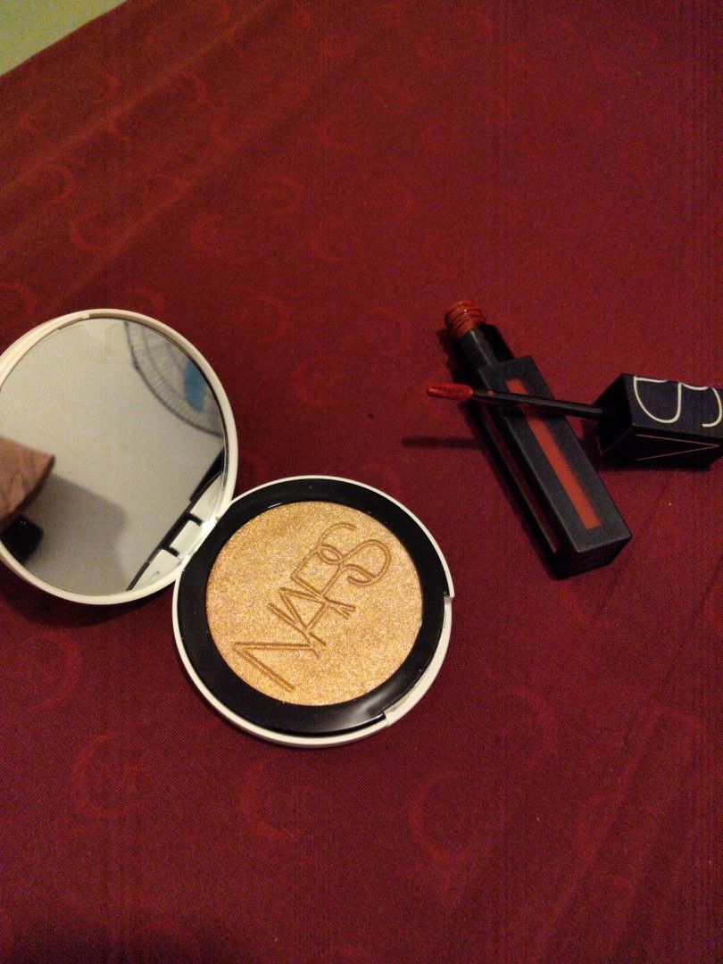 NARS bundle (Category: Makeup) located in Silang. Submitted by clementinelovestodeclutter (Listing ID 1462876214, Image 1). Description: Auth Nars highlighter Shade: Ophelia Condition: Brandnew, unused. No box 650 Auth Nars powermatte liquid lipstick Shade: Just push play Condition: Used few times, around 70% products left inside. 200 850 both.
