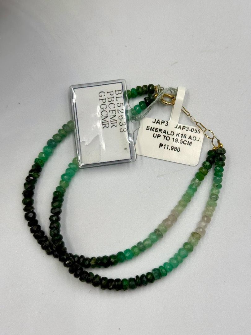 NATURAL EMERALD • K18 JAPAN GOLD (Category: Necklaces) located in Baguio. Submitted by asna_taku (Listing ID 1462778211, Image 2). Description: 💚✨ NATURAL EMERALD • K18 JAPAN GOLD • ✨💚 A gorgeous play of natural emeralds in a beautiful gradient of green, paired with K18 Japan gold for that timeless, luxurious finish. 💚✨ 🇯🇵 Sourced from Japan | BNEW 💚 EMERALD BRACELET • Natural Emerald beads — gradient green • Double-layer design • K18 Japan
