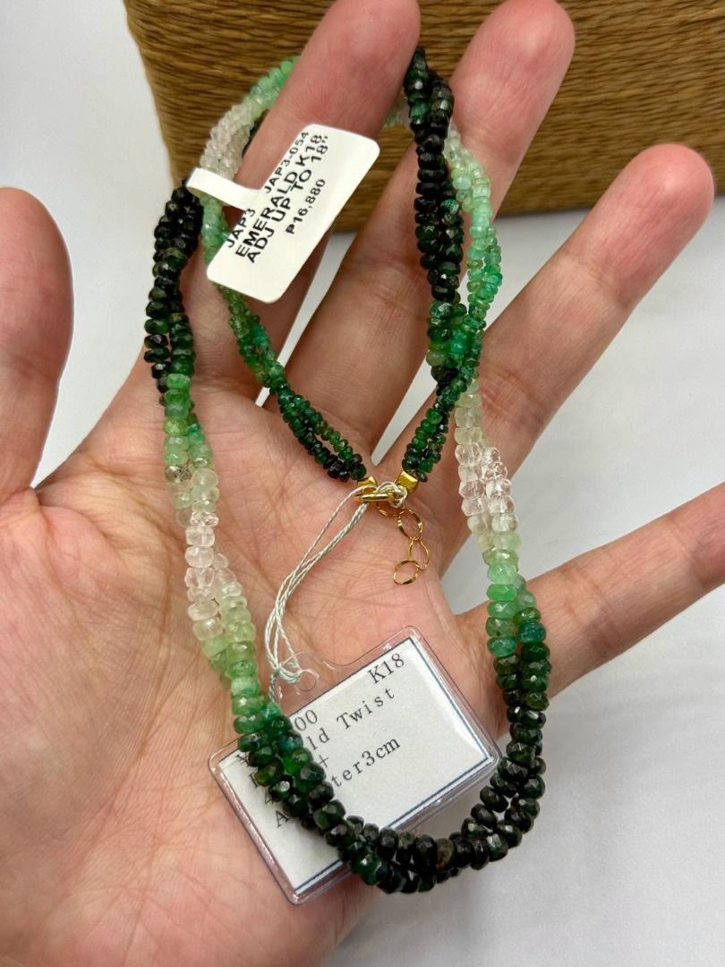 NATURAL EMERALD • K18 JAPAN GOLD (Category: Necklaces) located in Baguio. Submitted by asna_taku (Listing ID 1462778211, Image 3). Description: 💚✨ NATURAL EMERALD • K18 JAPAN GOLD • ✨💚 A gorgeous play of natural emeralds in a beautiful gradient of green, paired with K18 Japan gold for that timeless, luxurious finish. 💚✨ 🇯🇵 Sourced from Japan | BNEW 💚 EMERALD BRACELET • Natural Emerald beads — gradient green • Double-layer design • K18 Japan