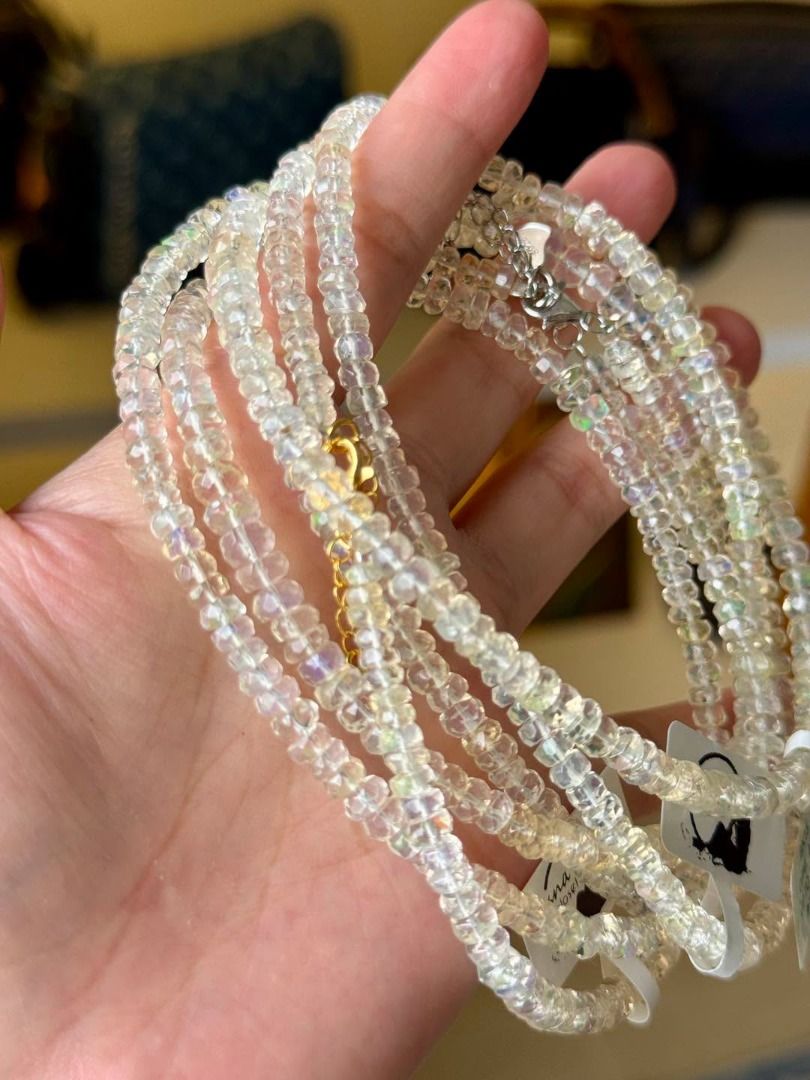 NATURAL FACETED WHITE OPAL NECKLACES (Category: Necklaces) located in Baguio. Submitted by asna_taku (Listing ID 1462787320, Image 2). Description: ✨ NATURAL FACETED WHITE OPAL NECKLACES ✨ A delicate strand with beautiful flashes of soft pastel play-of-color as it catches the light. 🤍🌈 The faceted beads add extra sparkle and dimension—elegant worn alone or layered with your favorite necklaces. 🤍 Natural White Opal ✨ Beautiful faceted cut 📏 Ad