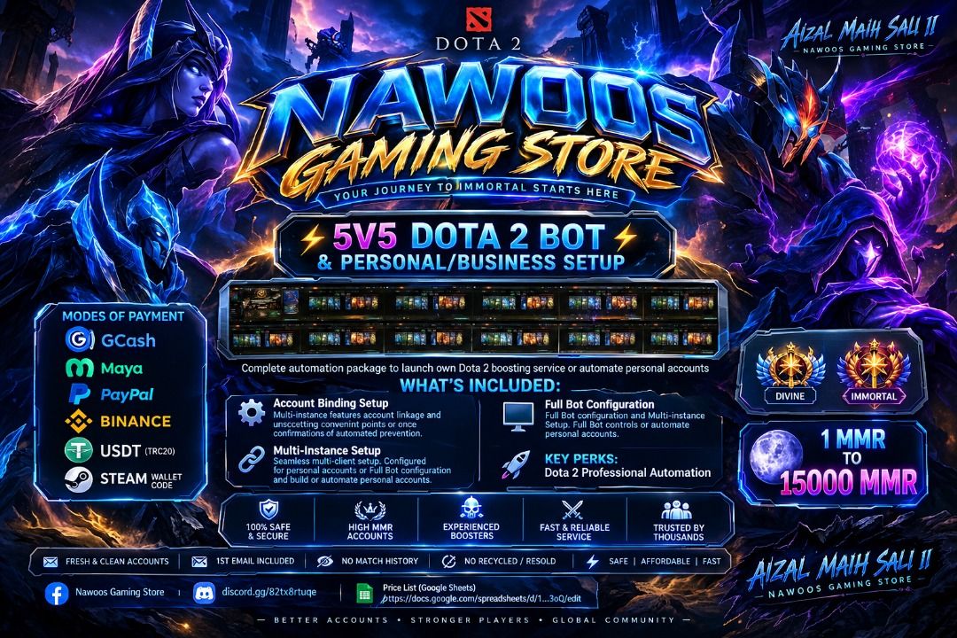 Nawoos Gaming Store: Dota 2 Hero Level Boost & Arcana Progress (Category: In-Game Products) located in Imus. Submitted by nawoo234 (Listing ID 1462738926, Image 3). Description: ✨ NAWOOS GAMING STORE ✨⁣ Fast-Track Your Dota 2 Ranking⁣ 🏆 2,000+ Completed Orders | Premier Accounts & Services⁣ ⁣ 💬 Discord: https://discord.gg/82tx8rtuqe⁣ ⁣ 🔥 HOT SALE⁣ 🔴 Red Immortal — 8K MMR (Limited Stock Available)⁣ ⁣ 🎒 DOTA 2 ACCOUNTS⁣ ⁣ 🎯 Smurfpool & Mainpo