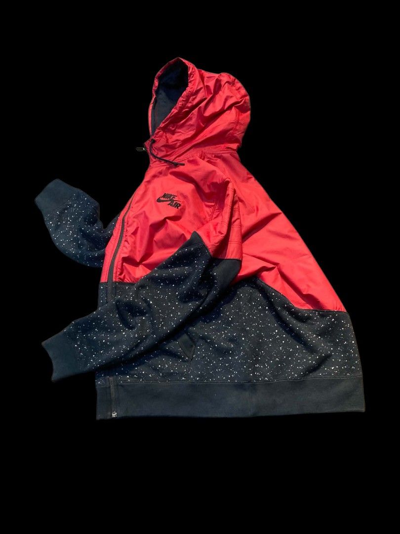 Nike Air Windbreaker Jacket Red Black Speckle (Category: Coats, Jackets and Outerwear) located in Trece Martires City. Submitted by djaothriftshop (Listing ID 1462838868, Image 2). Description: - Red and black Nike Air windbreaker jacket - Unique speckled pattern on sleeves and lower body - Zip-up front with a hood - Ideal for casual wear or light workouts - Size XL (fits 180-185cm) - Made in China.