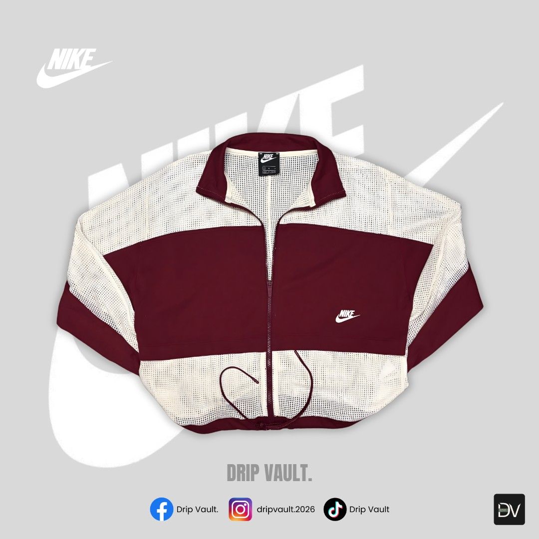 Nike See-Through Mesh Jacket Maroon/Cream (Category: Coats, Jackets and Outerwear) located in Manila. Submitted by drip_vault.ph2026 (Listing ID 1462751064, Image 3). Description: 🔥Nike See-Through Mesh Jacket Maroon/Cream🔥 The ultimate summer drip. Nike's see-through mesh jacket that keeps you cool and looking fresh 😍🥶 Size: Medium on Tag Fit to Large Chest: 22" Length: 22" Condition: Excellent 🏷️ Old Price: ₱799 🏷️ New Price: ₱599 🧾 Paym