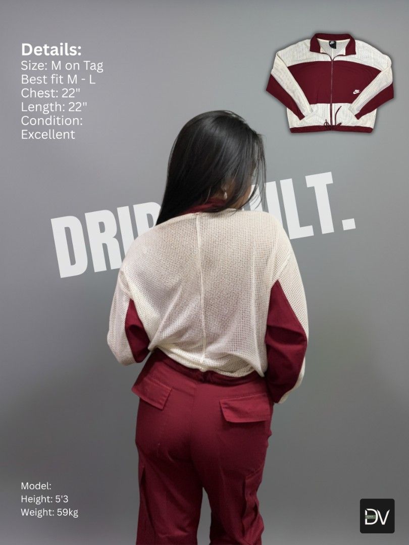 Nike See-Through Mesh Jacket Maroon/Cream (Category: Coats, Jackets and Outerwear) located in Manila. Submitted by drip_vault.ph2026 (Listing ID 1462751064, Image 2). Description: 🔥Nike See-Through Mesh Jacket Maroon/Cream🔥 The ultimate summer drip. Nike's see-through mesh jacket that keeps you cool and looking fresh 😍🥶 Size: Medium on Tag Fit to Large Chest: 22" Length: 22" Condition: Excellent 🏷️ Old Price: ₱799 🏷️ New Price: ₱599 🧾 Paym