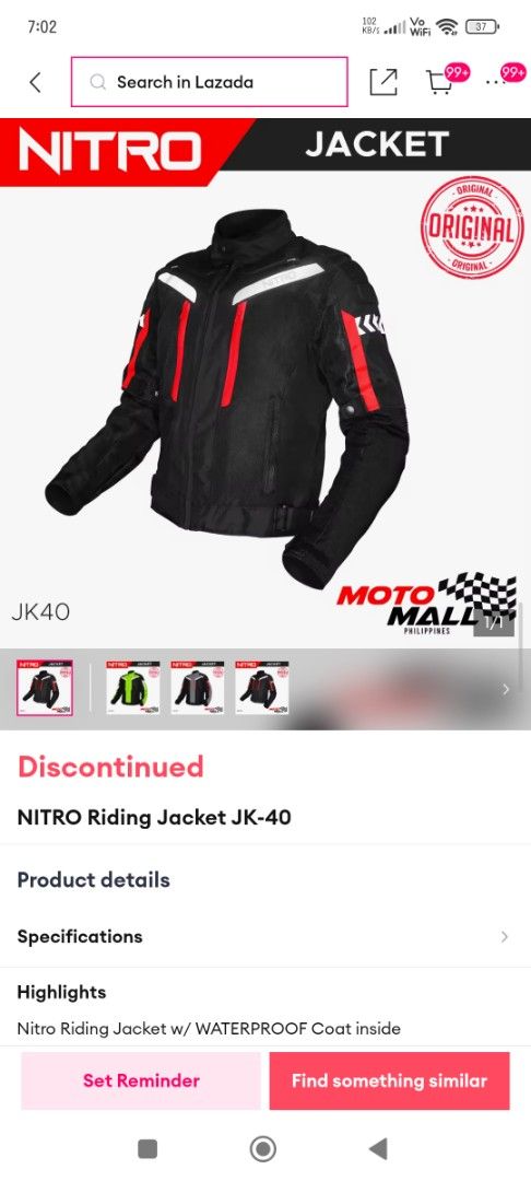 NITRO Riding Jacket JK-40 Waterproof (Category: Coats, Jackets and Outerwear) located in Manila. Submitted by jewelmom (Listing ID 1462813845, Image 1). Description: - NITRO Riding Jacket JK-40 - Color: Black with red and white accents - Features a waterproof inner coat - Ideal for motorcycle riding - Please check photos for detailed condition.