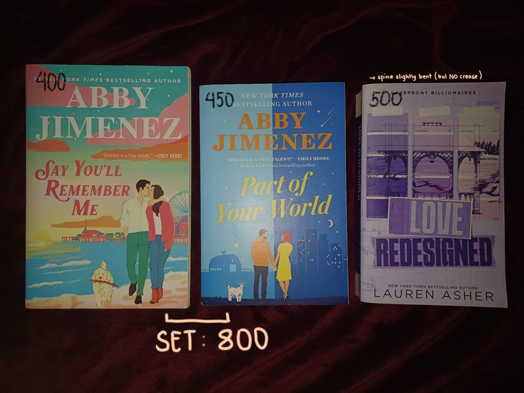 Novel Books📚 (Category: Storybooks) located in Manila. Submitted by xelocix23 (Listing ID 1462882993, Image 2). Description: BOOKS FOR SALE | WTB LFB PH ‼️ 📚 Better Than The Movies HB - with a few highlights (less than 5 pages) 🏷️ 550 Abby Jimenez Books BUNDLE: 800 📚 Say You’ll Remember Me 🏷️ 400 📚 Part of Your World 🏷️ 450 📚 Today Tonight Tomorrow 🏷️ 290 📚 Things We Never Got Over by Lucy Score 🏷️ 350 📚 Love Redesigned - Spine slight