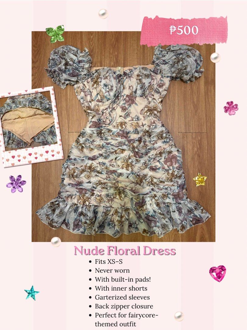 Nude Floral Dress (Category: Dresses) located in Pasig City. Submitted by ptrc.dclttr (Listing ID 1462827675, Image 1). Description: - Cute nude floral print - Never worn - Off-shoulder design with garterized sleeves - All-over ruched fabric for a flattering fit - Built-in pads for support - Comes with inner shorts for comfort and coverage - Back zipper closure - Fits XS to Small - Perfect for a fairycore-themed outfit.