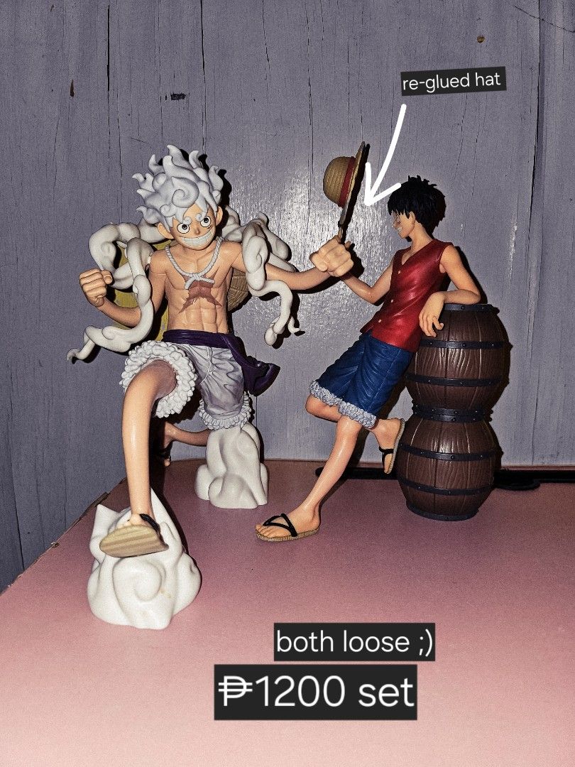 One Piece Monkey D. Luffy Gear 5 & Gear 4 Action Figures (Category: Figurines & Statues) located in Manila. Submitted by jannnoskiii (Listing ID 1462683527, Image 1). Description: - Set of 2 loose One Piece action figures - Includes Monkey D. Luffy in Gear 5 form - Includes Monkey D. Luffy in Gear 4 form - Gear 4 figure's hat has been re-glued - Ideal for any One Piece fan's collection - Price is for the set.