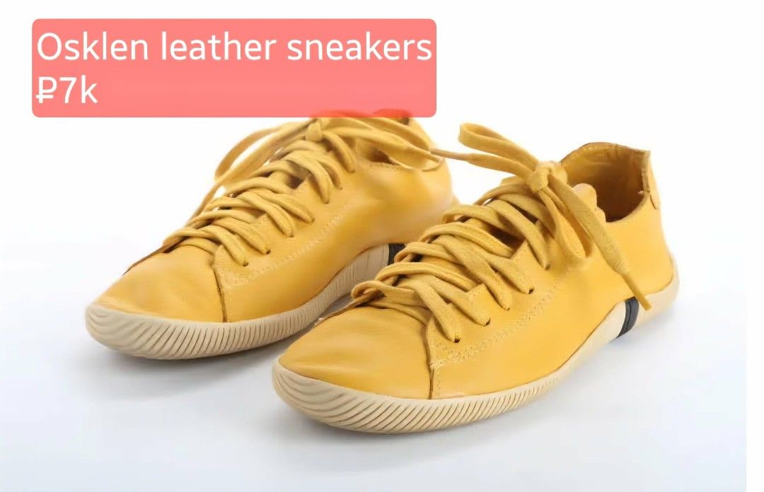 Osklen Soft Leather Sneakers (Category: Sneakers) located in Paranaque City. Submitted by calm_youngstore7 (Listing ID 1462783915, Image 3). Description: Osklen Arpoador Soft Leather Sneakers in the mustard yellow ("Mostarda") colorway They feature a deconstructed design made of premium bovinhode/cowhide leather with distinct cotton lacing, a low-profile flexible rubber outsole made partly with recycled materials, and a characteristic dark accent