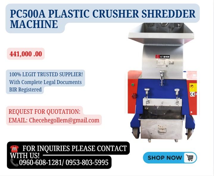 PC500A Plastic crusher Shredder machine (Category: Everything Else Others) located in Caloocan City. Submitted by liezelmonl80299 (Listing ID 1462778320, Image 1). Description: ●Diameter of Crushing Chamber ; 510x285 ●Crushing Ability (kg/h) ; 360-720 ●Motor Power (kw/hp) ; 11(15) ●Fixing Cutter (pcs) ; 4 ●Flexible Cutter (pcs) ; 15 ●Mechanical Dimension (mm) ; 1110x970x1450 ●Weight (kg) ; 750 .