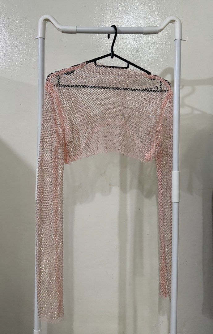 Pink Rhinestone Mesh Crop Top Long Sleeve (Category: Longsleeves) located in Manila. Submitted by lovedbyan (Listing ID 1462877993, Image 2). Description: -₱100 -XS-S - Super cute pink mesh crop top - Covered in sparkly rhinestones - Long sleeves - Perfect for layering - Ideal for parties, festivals, or nights out - Adds glam to any outfit.