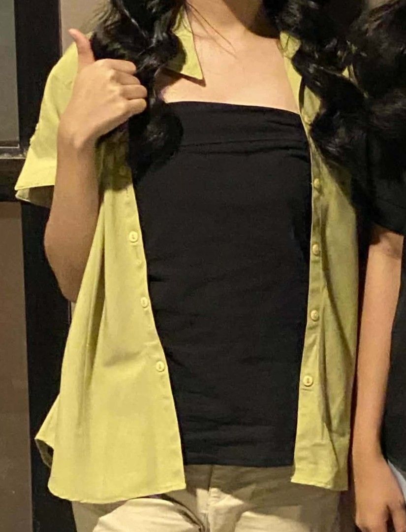 Pink Wengee olive green button-up blouse (Category: Blouses) located in Bulacan. Submitted by angel.decluttersx (Listing ID 1462819126, Image 2). Description: vv good quality polo thick linen fabric material s-m no issue working and complete all buttons ww provided.