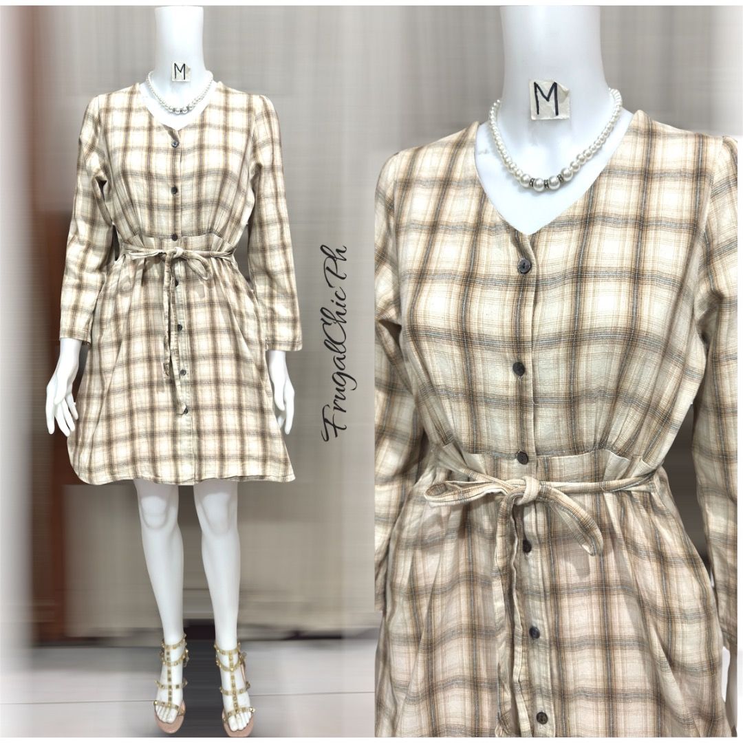 Plaid Button-Down Shirt Dress with Belt (Category: Dresses) located in Cotabato. Submitted by thefashionproject88 (Listing ID 1462704395, Image 1). Description: - Adorable plaid design - Flattering V-neckline - Convenient button-down front - Long sleeves for versatile styling - Includes a chic tie belt - Unique slightly crinkled fabric texture - Ideal for both casual outings and dressing up Brand: Pls Check Photo Details Style: HQ Dress Condition