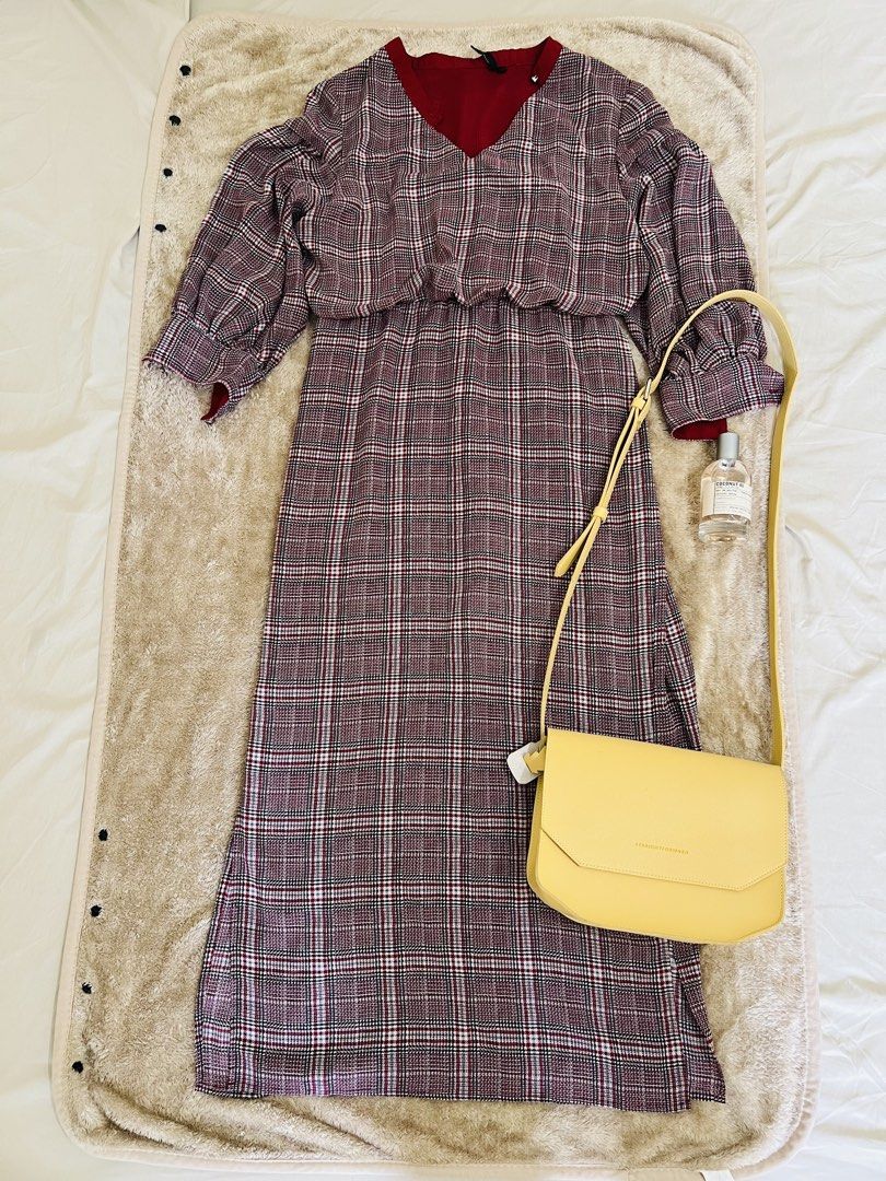 Plaid Midi Dress with Red V-Neck (Category: Dresses) located in Makati City. Submitted by samhybe (Listing ID 1462706476, Image 1). Description: - Long sleeve midi dress - Classic plaid pattern - Bold red V-neckline - Comfortable elasticated waist - Stylish puff sleeves with gathered cuffs.