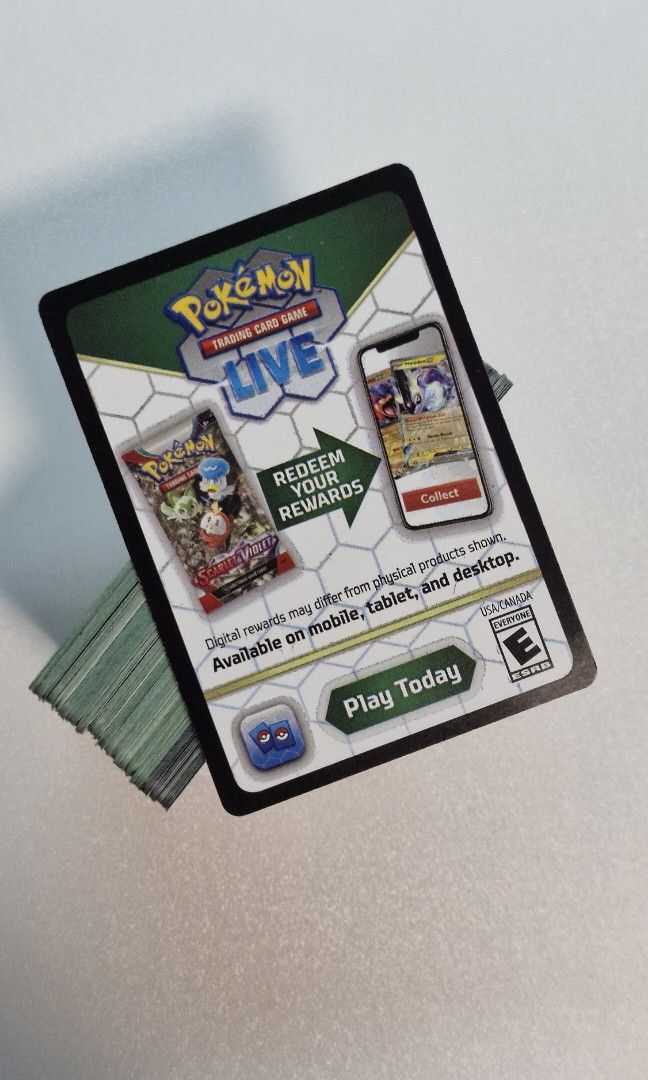 Pokémon code cards (Category: Trading Cards Accessories) located in Singapore. Submitted by digiprepaid (Listing ID 1462834174, Image 1). Description: - Authentic Pokémon TCG code cards - For Pokémon TCG Live app - Unlock digital booster packs and in-game items - Cards are in excellent, clean condition - Perfect for quickly expanding your digital collection.