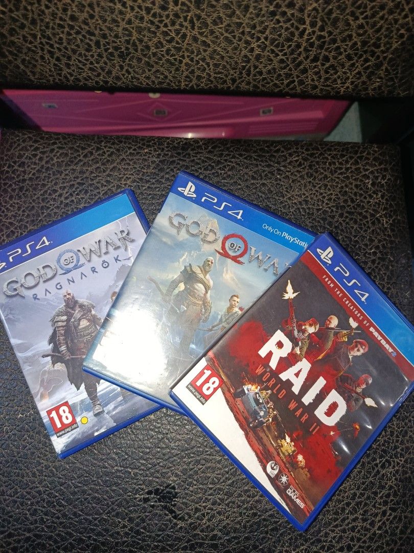 PS4 GAMES BUNDLE (TAKE ALL ₱1,700 ONLY) (Category: PlayStation) located in Manila. Submitted by faststone.7b3304 (Listing ID 1462722134, Image 2). Description: Selling 3 physical PS4 game discs as a bundle. Strictly PASS SA SWAP, cash only dahil kailangan ng funds for emergency purposes. Inclusions & Condition: God of War Ragnarök – Halos 1 month pa lang nabili! Super fresh, very smooth disc God of War (2018) – Minimal light scratches, 100% worki