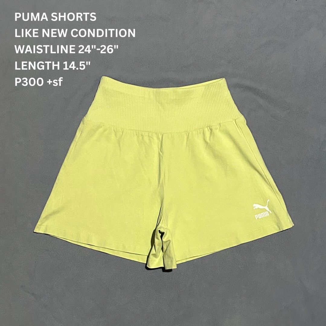 Puma High Waisted Ribbed Shorts (Category: Shorts) located in Miagao. Submitted by juliusokra (Listing ID 1462853963, Image 1). Description: - Brand: Puma - Color: Bright Lime Green - Style: High-waisted shorts - Features: Ribbed waistband, comfortable and stretchy material - Ideal for: Workouts or casual wear - Fit: Waistline fits 24"-28" - Length: 14.5 inches.