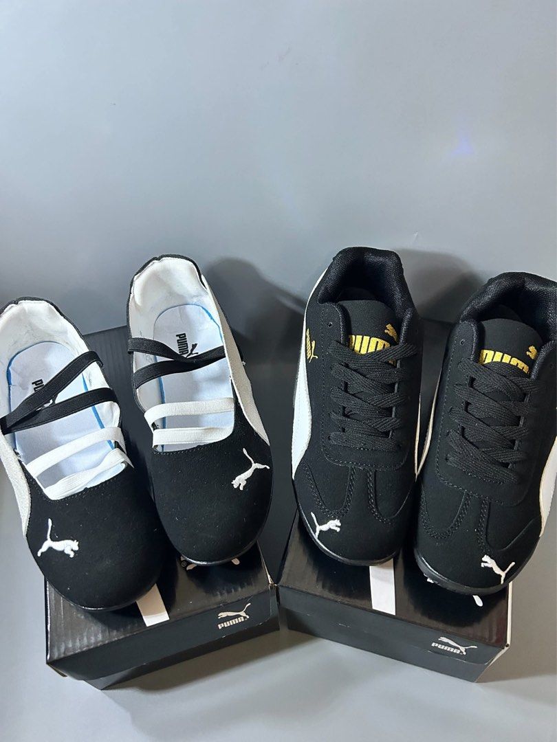 Puma Kids Shoes - Black & White (Category: Flats & Sandals) located in Rizal. Submitted by sakre (Listing ID 1462831029, Image 1). Description: -Couple Shoes - Two pairs of Puma shoes included. - Pair 1: Black ballet flats with elastic straps. - Pair 2: Black sneakers with laces. - Both feature white accents and the iconic Puma logo. - Comes with original boxes for both pairs. - Ideal for everyday wear..